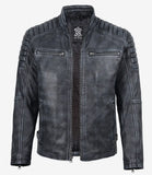 Felix men's black washed leather jacket, front view unzipped