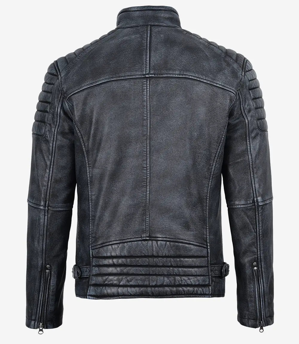 Men's black washed leather jacket, back and side view