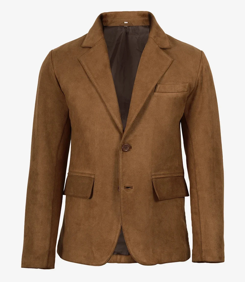 Men's light brown faux leather blazer, side angle view
