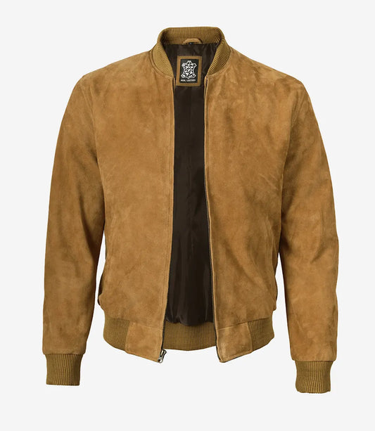 Men's Tan Suede Bomber Jacket - Open View