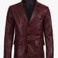 Men's maroon three-button leather blazer, tailored fit
