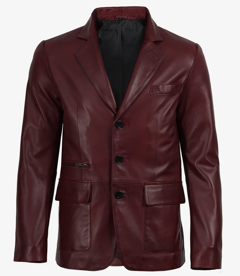 Men's maroon three-button leather blazer, tailored fit