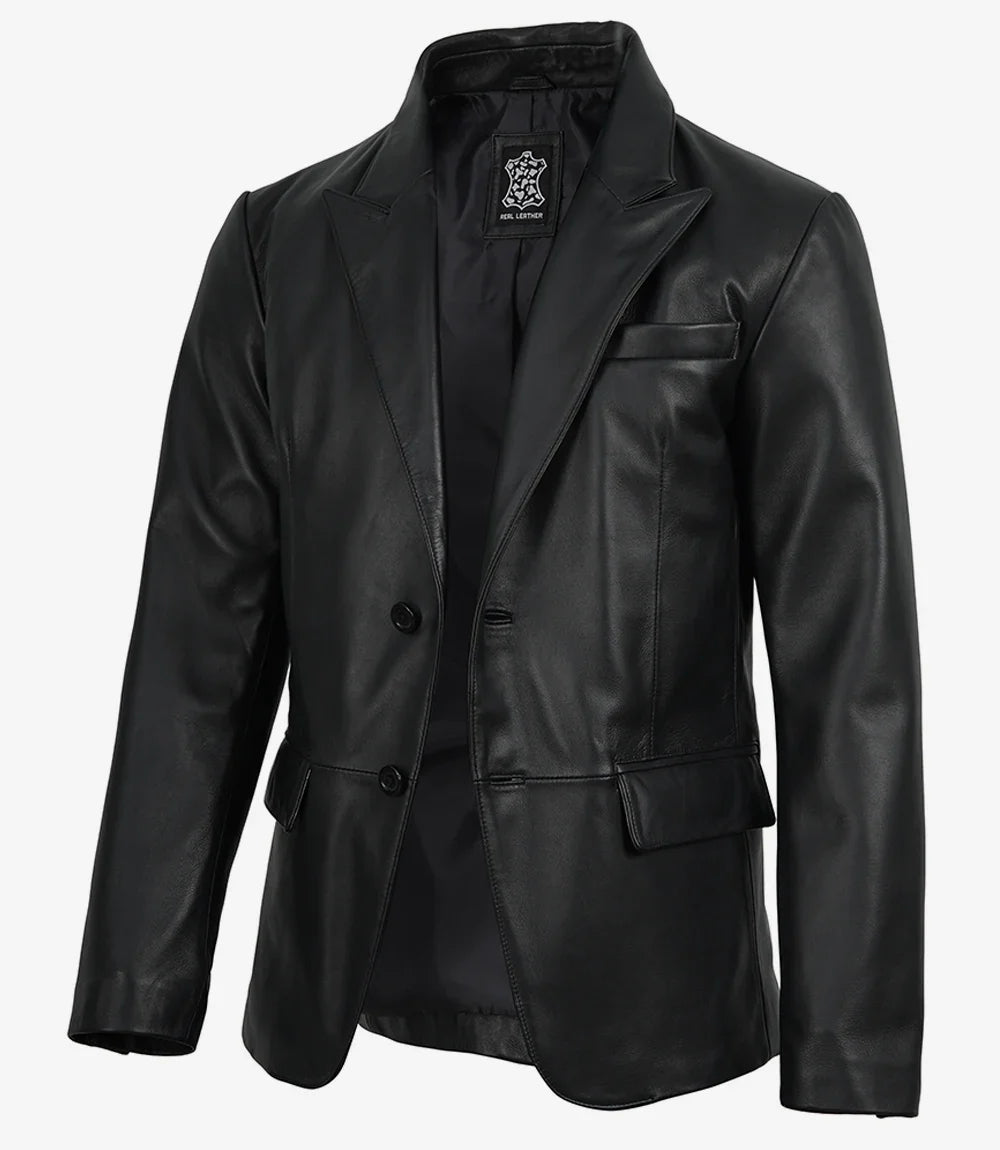 Men's black leather sport blazer, full front view