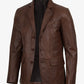 Men's three-button brown leather blazer, full front view