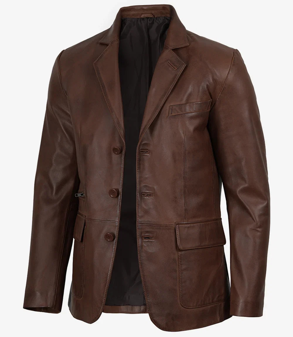 Men's three-button brown leather blazer, full front view