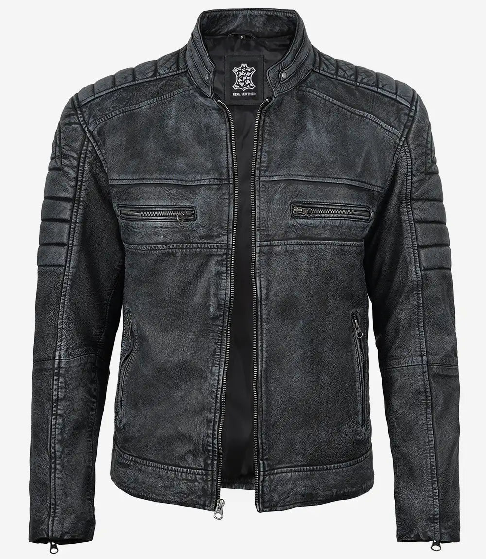 Onyx men's black washed leather jacket, front view unzipped