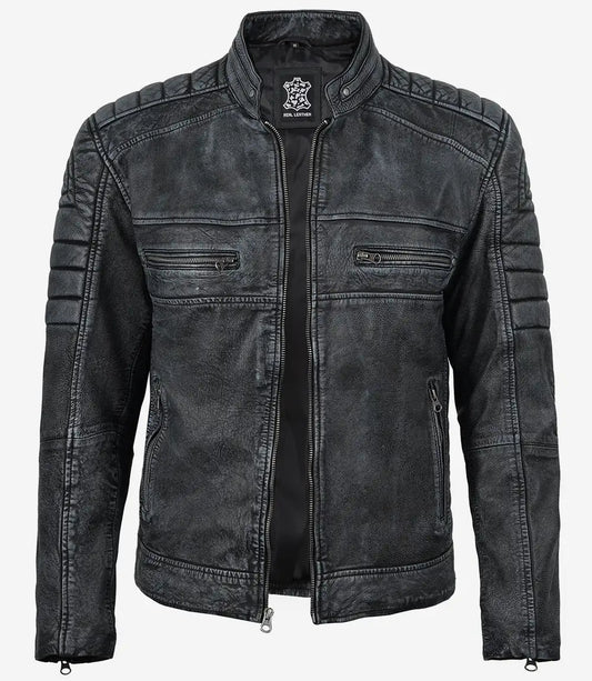 Onyx men's black washed leather jacket, front view unzipped
