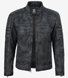 Onyx men's black washed leather jacket, front view unzipped