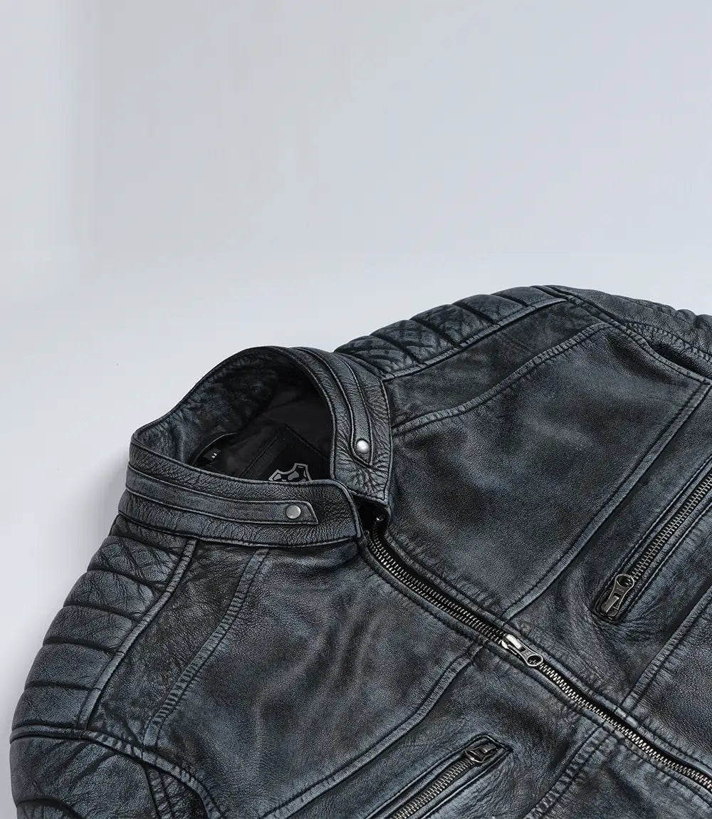 Men's washed leather jacket close-up, texture detail