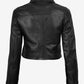 Back view of Mila women's black cropped leather trucker jacket showing panel seams and button cuffs