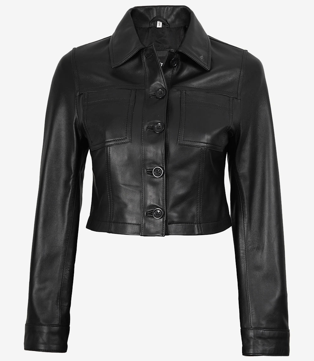 Buttoned front view of Mila women's black cropped leather trucker jacket with two chest patch pockets