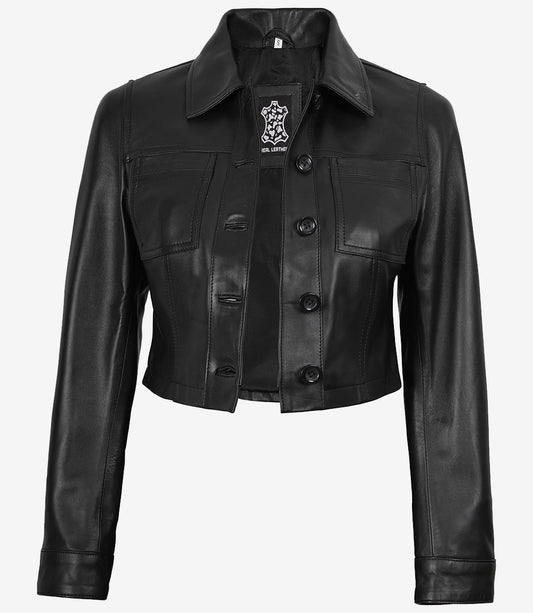 Front view of Mila women's black cropped leather trucker jacket worn open with a pointed collar and chest pockets