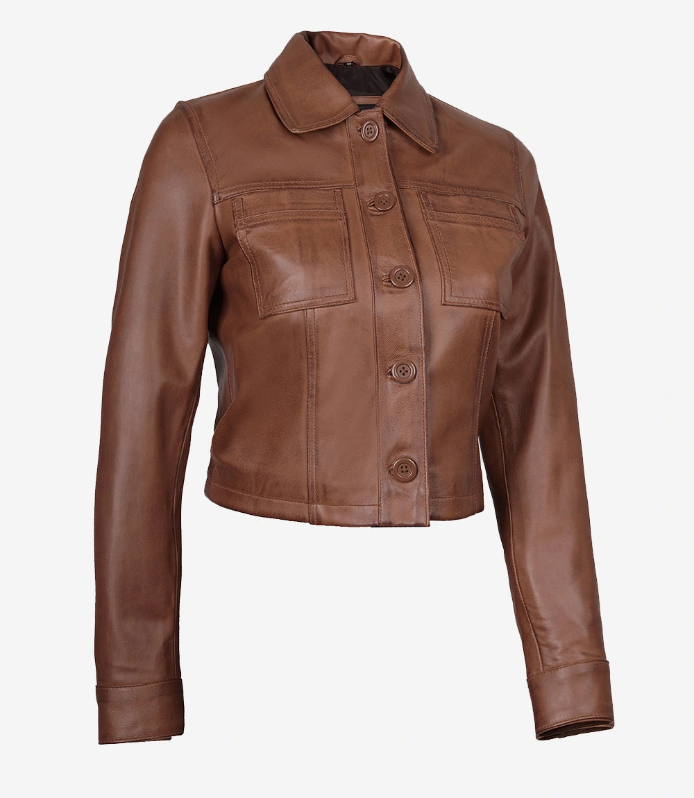 Angled buttoned front view of Mila women's brown cropped leather trucker jacket showing the cropped hem