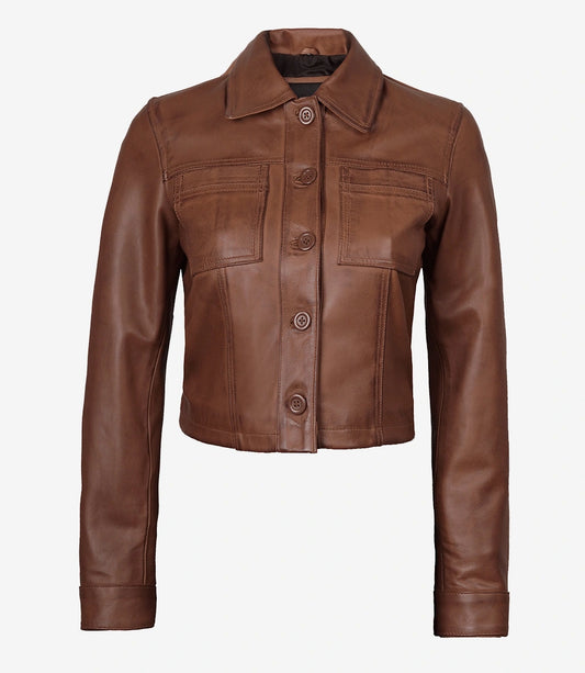 Buttoned front view of Mila women's brown cropped leather trucker jacket with a pointed collar