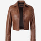 Open front view of Mila women's brown cropped leather trucker jacket showing the black lining