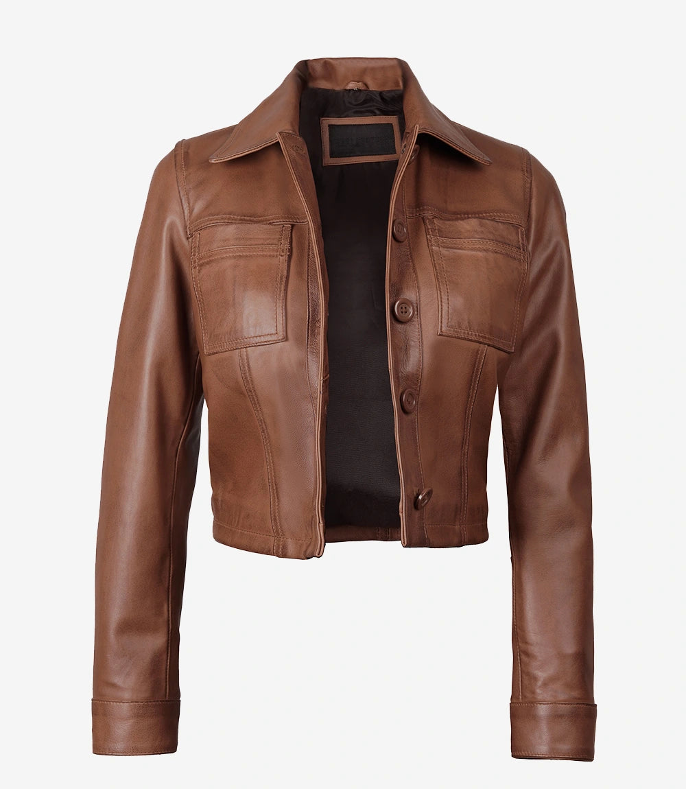 Open front view of Mila women's brown cropped leather trucker jacket showing the black lining