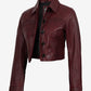 Mila women's burgundy cropped leather trucker jacket, angled open front view
