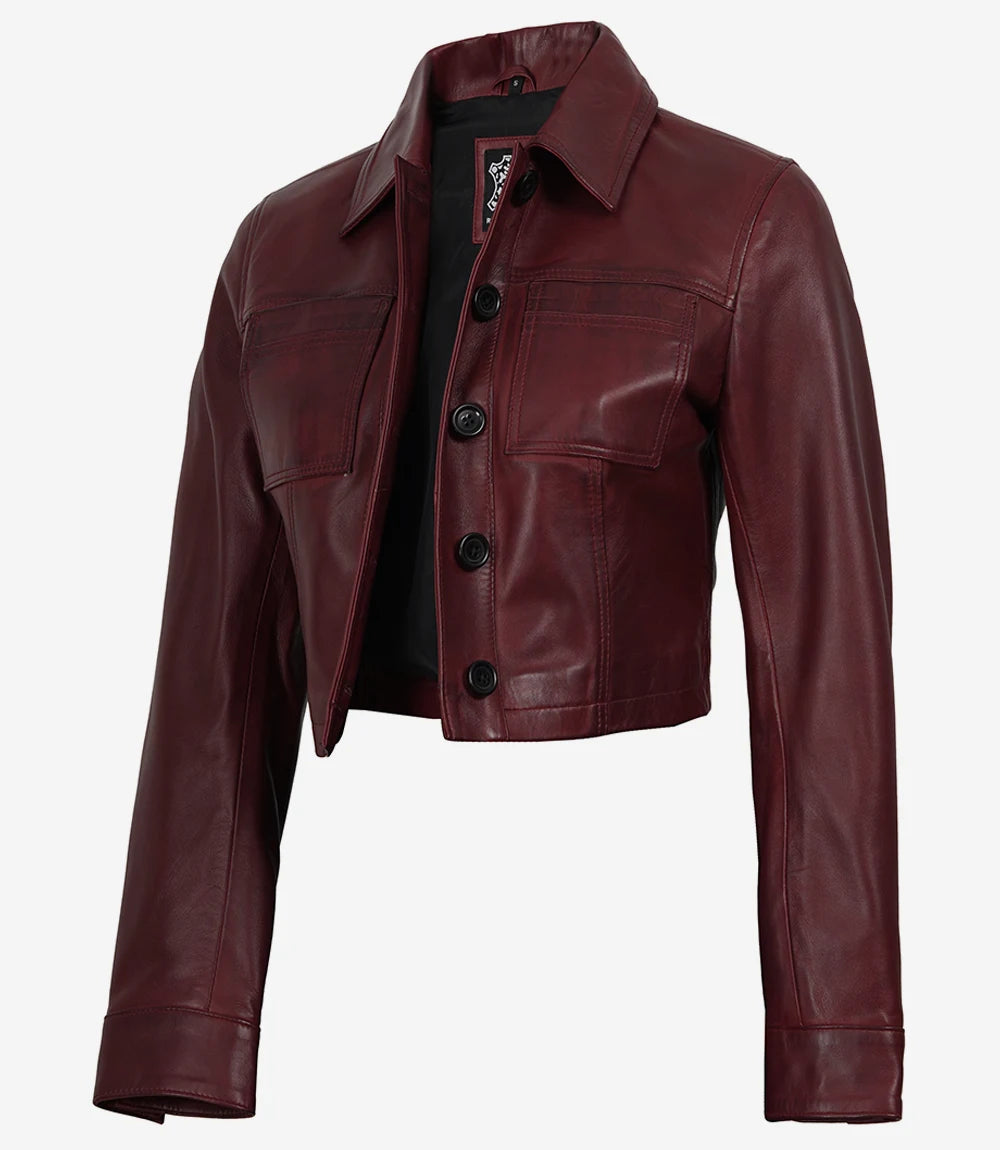 Mila women's burgundy cropped leather trucker jacket, angled open front view