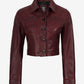 Mila women's burgundy cropped leather trucker jacket, front view with buttons fastened