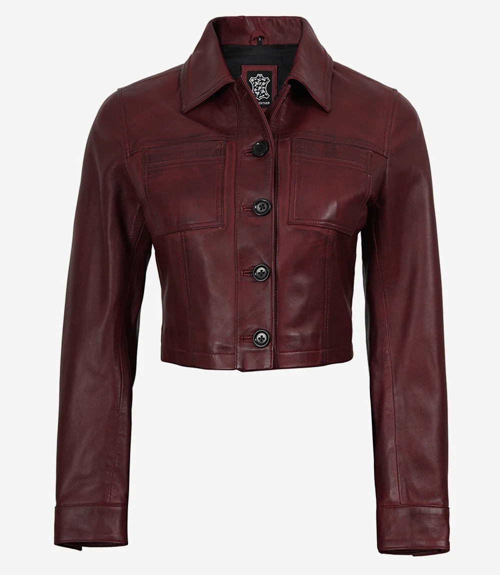 Mila women's burgundy cropped leather trucker jacket, front view with buttons fastened