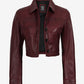 Mila women's burgundy cropped leather trucker jacket, open front showing chest patch pockets