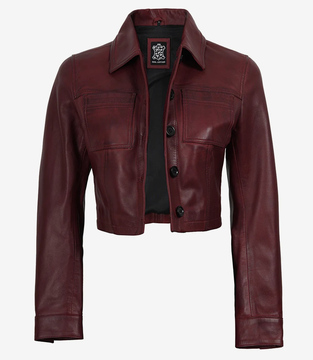 Mila women's burgundy cropped leather trucker jacket, open front showing chest patch pockets