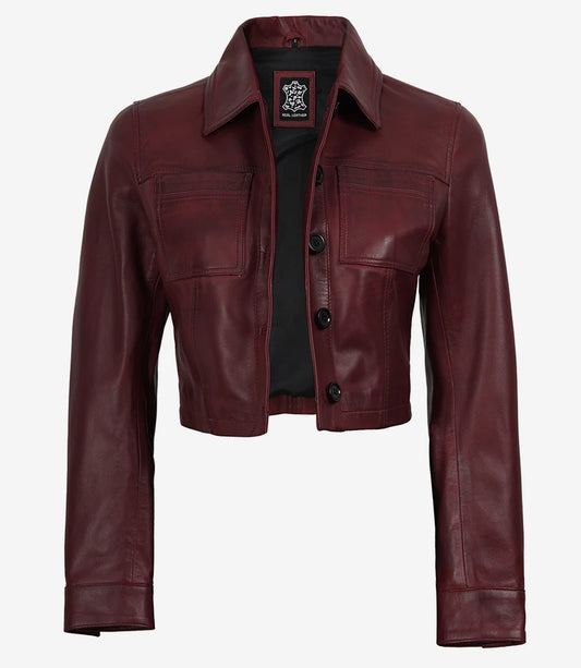 Mila women's burgundy cropped leather trucker jacket, open front showing chest patch pockets