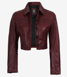Mila women's burgundy cropped leather trucker jacket, open front showing chest patch pockets