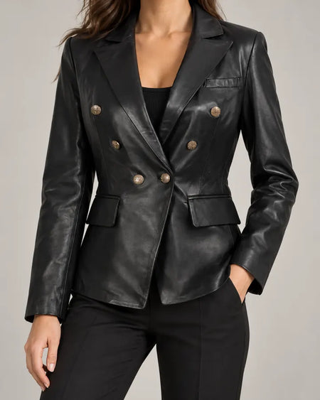 Face-free model styling of NSM black double-breasted leather blazer