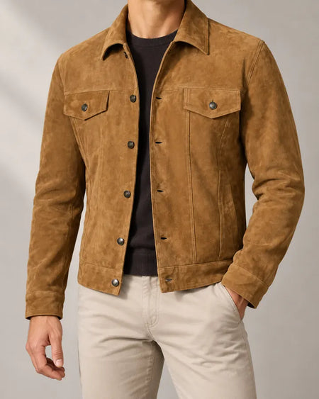 Face-free model styling of NSM cognac suede trucker jacket