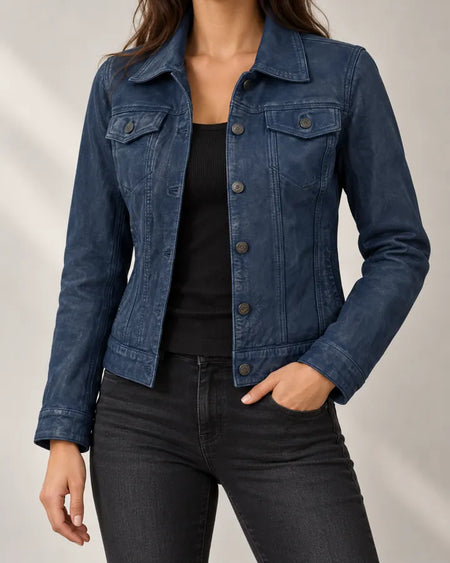 Face-free model styling of NSM blue washed leather trucker jacket