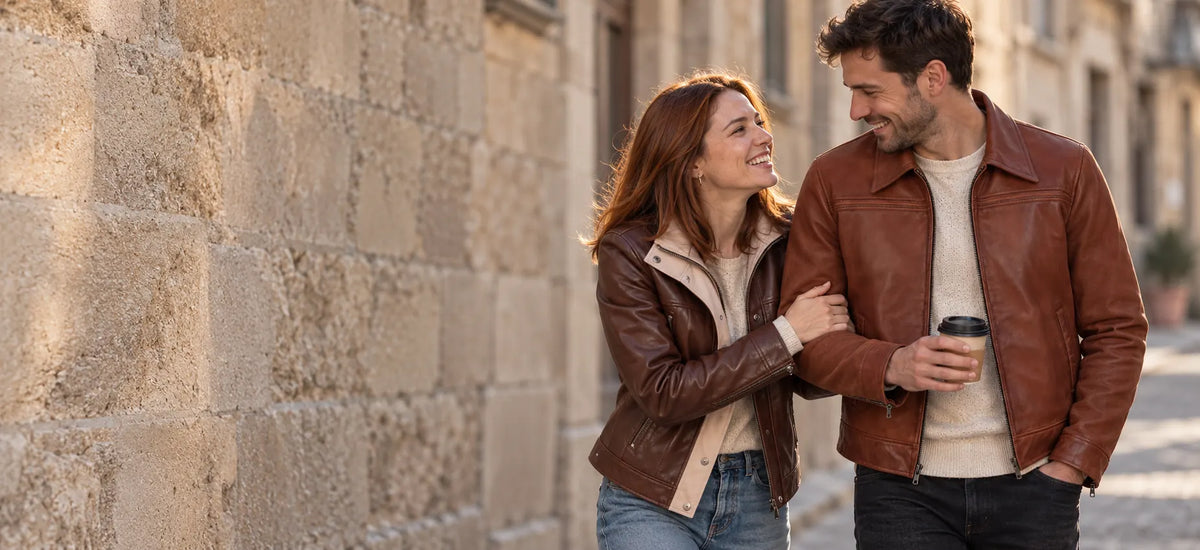 A man and a woman laughing together on a stone street, wearing NSM suede and leather jackets