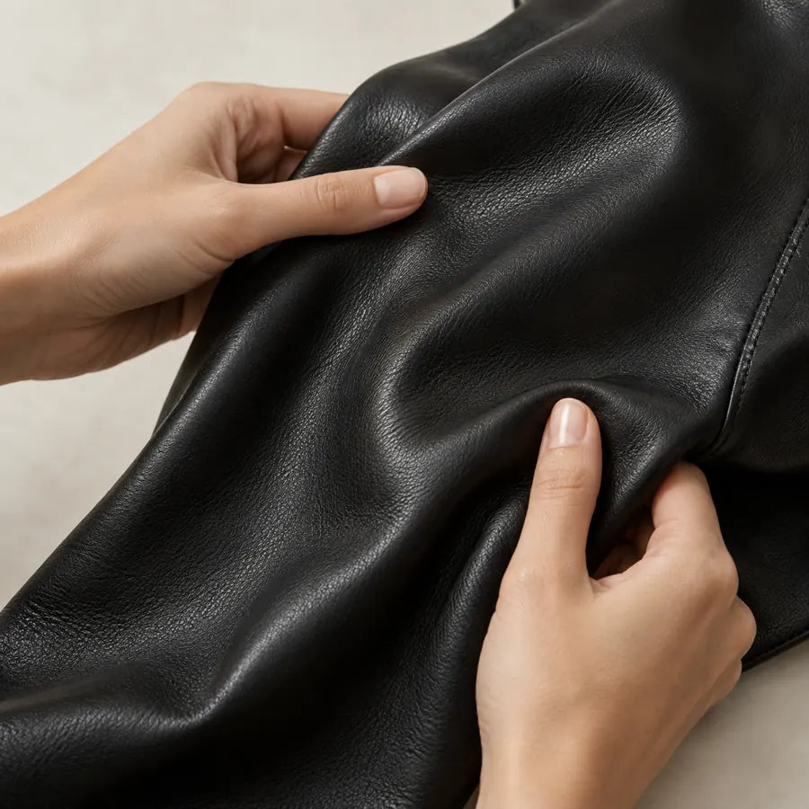 Editorial illustration of supple black leather being held in two hands