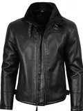 Men's Black Leather Aviator Jacket with Shearling Collar in real leather, front view