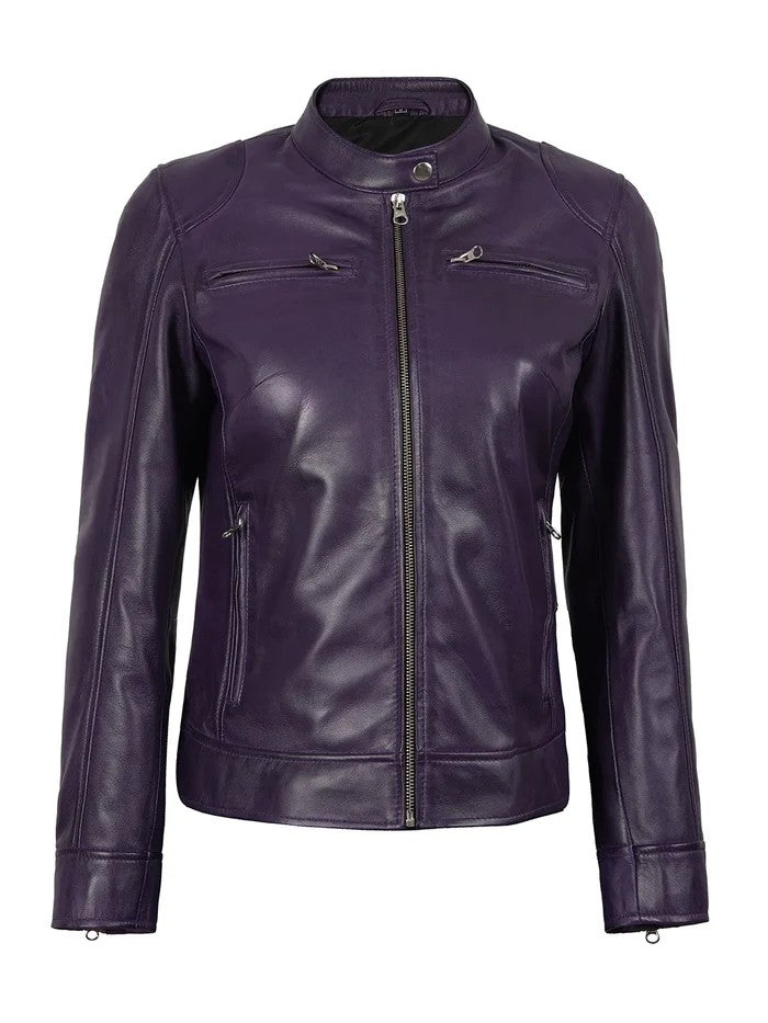 Women’s Purple Café Racer Leather Jacket – Front View