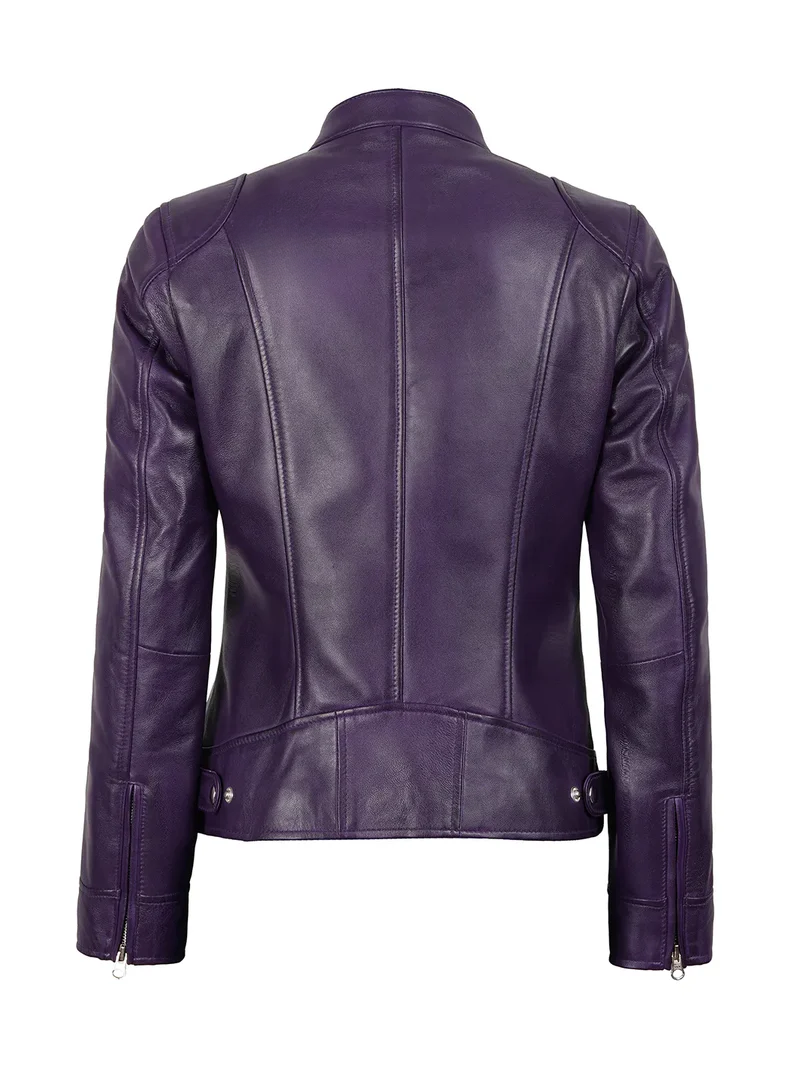 Aria Women's Purple Cafe Racer Leather Jacket - Side View
