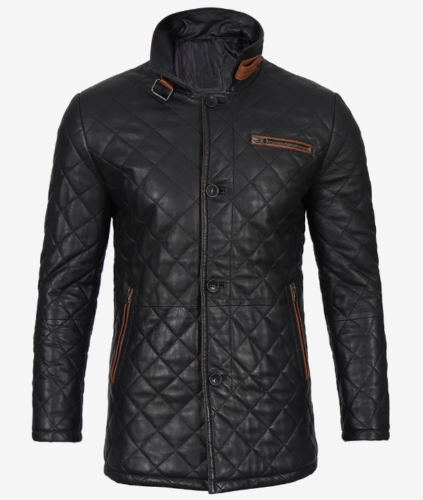 Knight Men's Black Quilted Leather Coat - Side View
