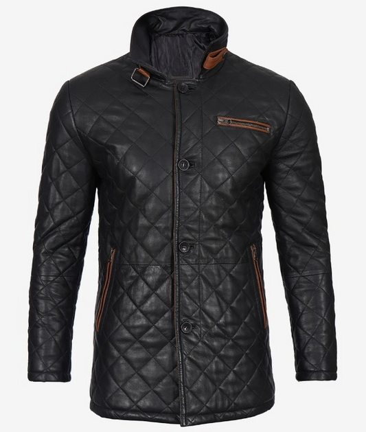 Knight Men's Black Quilted Leather Coat - Side View