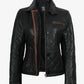 Quilted leather jacket for women, brown trim close-up