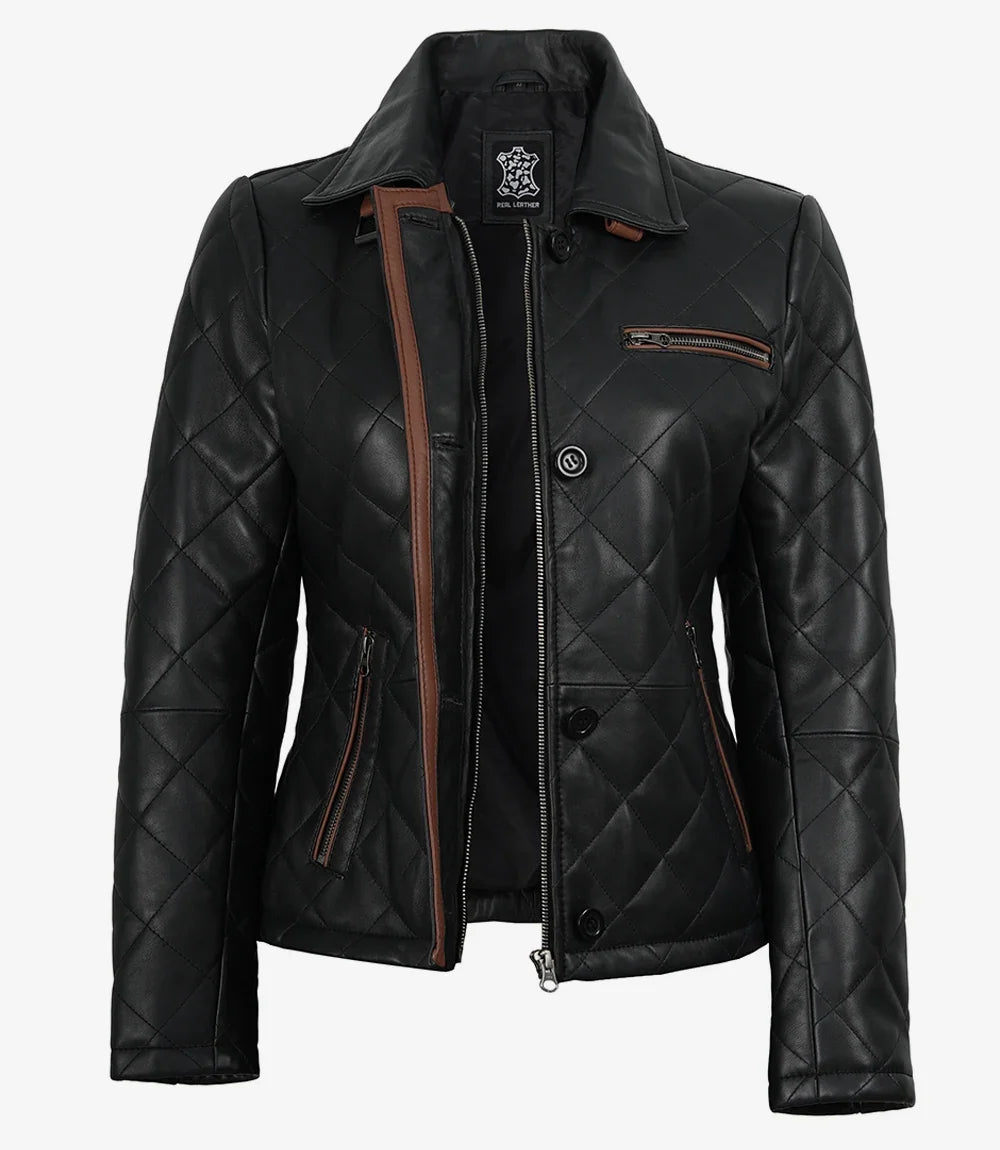 Quilted leather jacket for women, brown trim close-up
