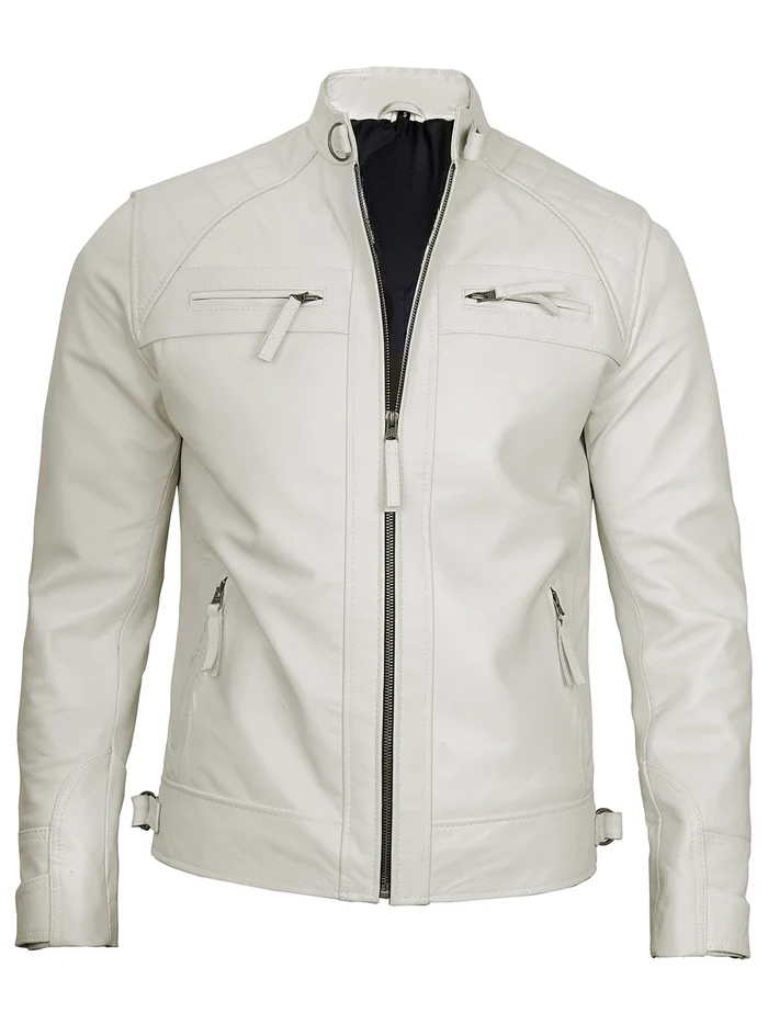 Ghost Men's White Cafe Racer Leather Jacket - Front View