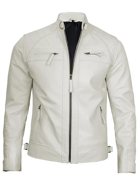 Ghost Men's White Cafe Racer Leather Jacket - Front View