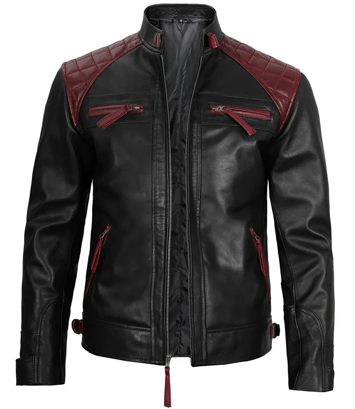 Men’s Black & Red Leather Café Racer Jacket – Front Zip View
