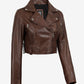 Rhea women's brown cropped leather biker jacket, opposite front angle showing cropped hem and zipped cuffs