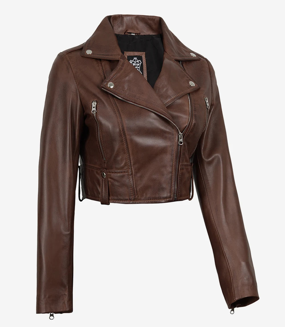 Rhea women's brown cropped leather biker jacket, opposite front angle showing cropped hem and zipped cuffs