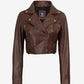 Rhea women's brown cropped leather biker jacket, front view with asymmetric zip and snap lapels