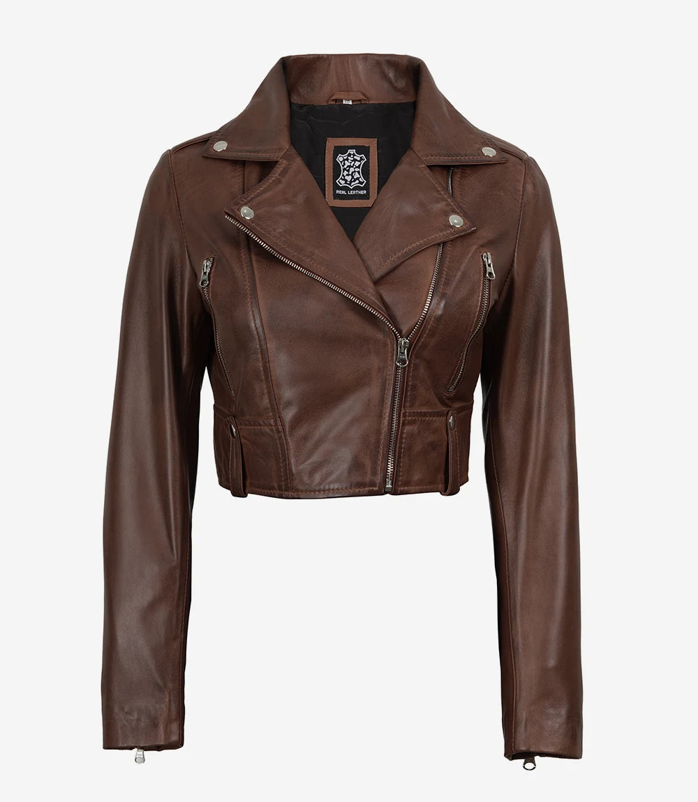 Rhea women's brown cropped leather biker jacket, front view with asymmetric zip and snap lapels