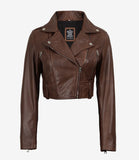 Rhea women's brown cropped leather biker jacket, front view with asymmetric zip and snap lapels