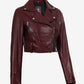 Rhea women's burgundy cropped leather biker jacket, opposite front angle showing cropped hem and zipped cuffs
