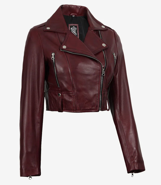 Rhea women's burgundy cropped leather biker jacket, opposite front angle showing cropped hem and zipped cuffs